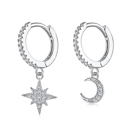 [Sparkling Aurora]Star and Moon Asymmetric Earrings