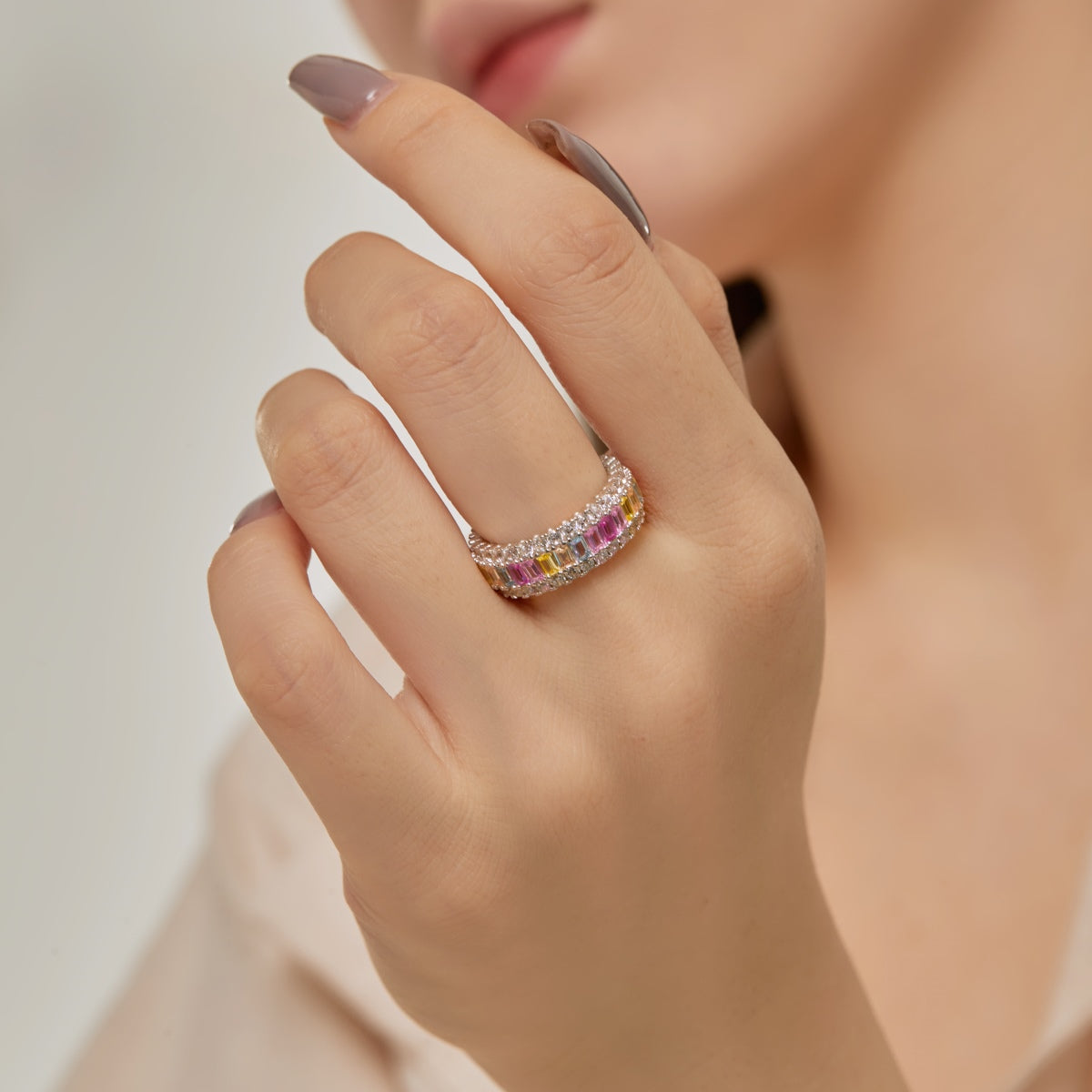 [Sparkling Aurora]Dainty Colorful Radiant Cut Daily Ring